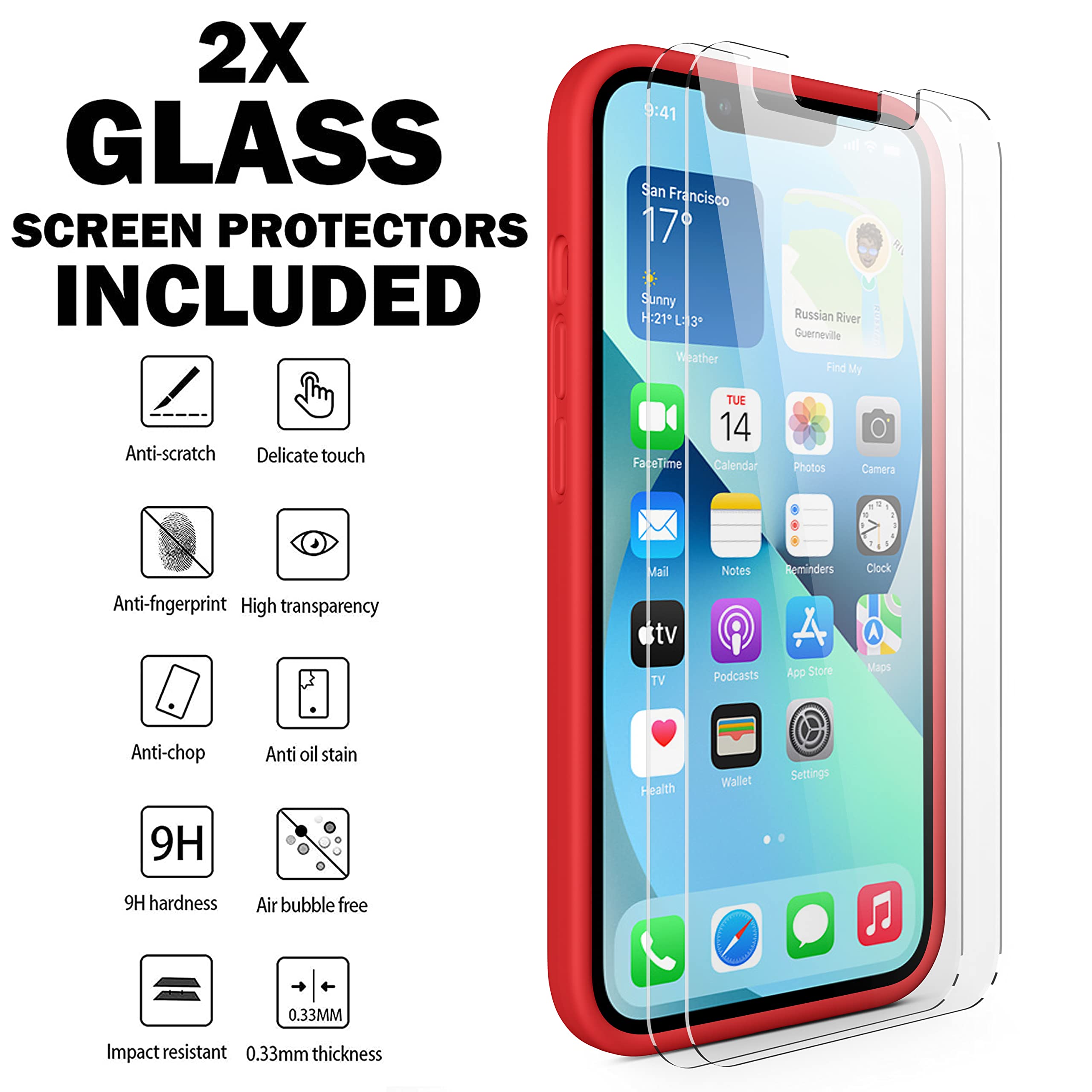 Durable Silicone Case + Glass Screen Protectors Combo Pack for iPhone 13 Mini