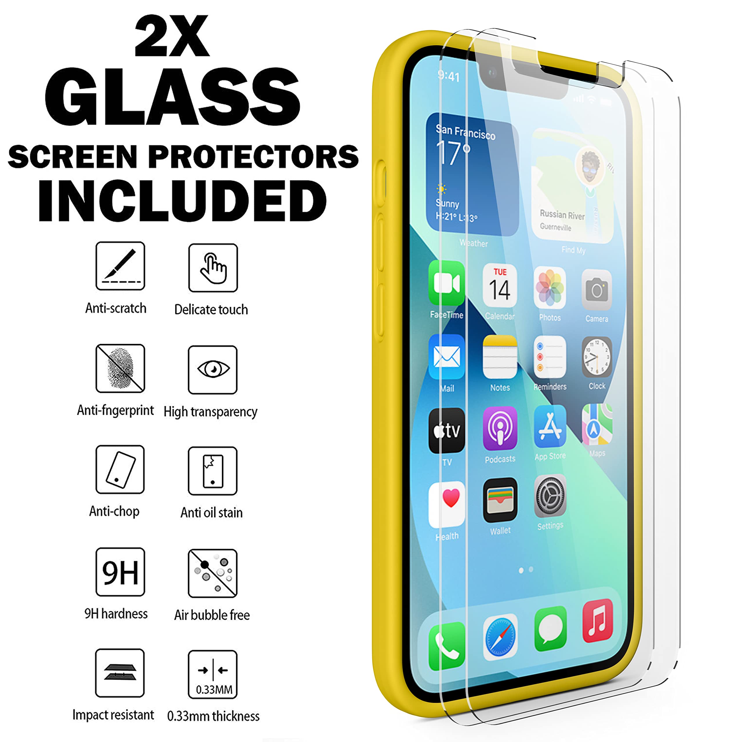 Durable Silicone Case + Glass Screen Protectors Combo Pack for iPhone 13 Mini