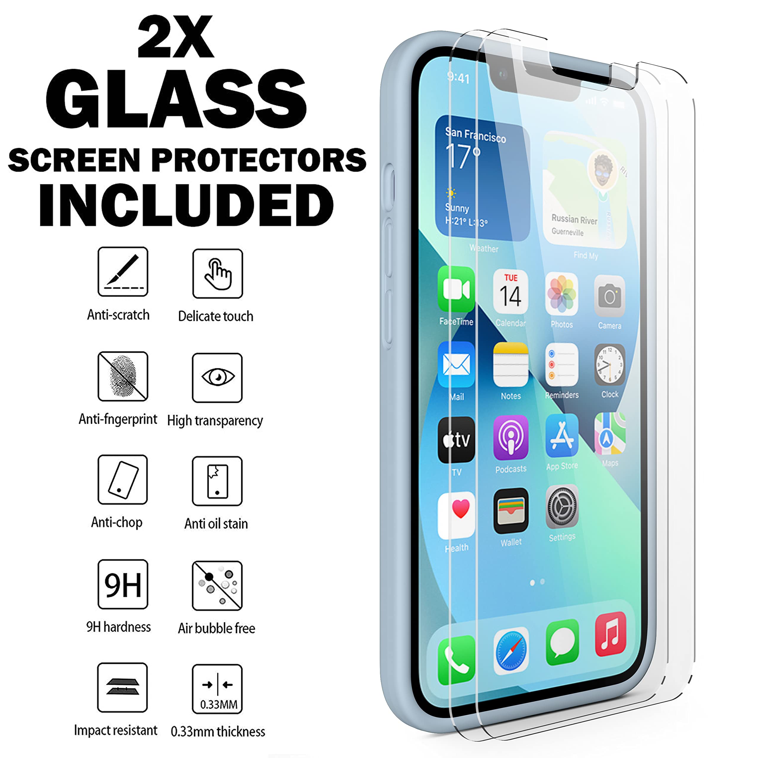 Durable Silicone Case + Glass Screen Protectors Combo Pack for iPhone 13 Mini