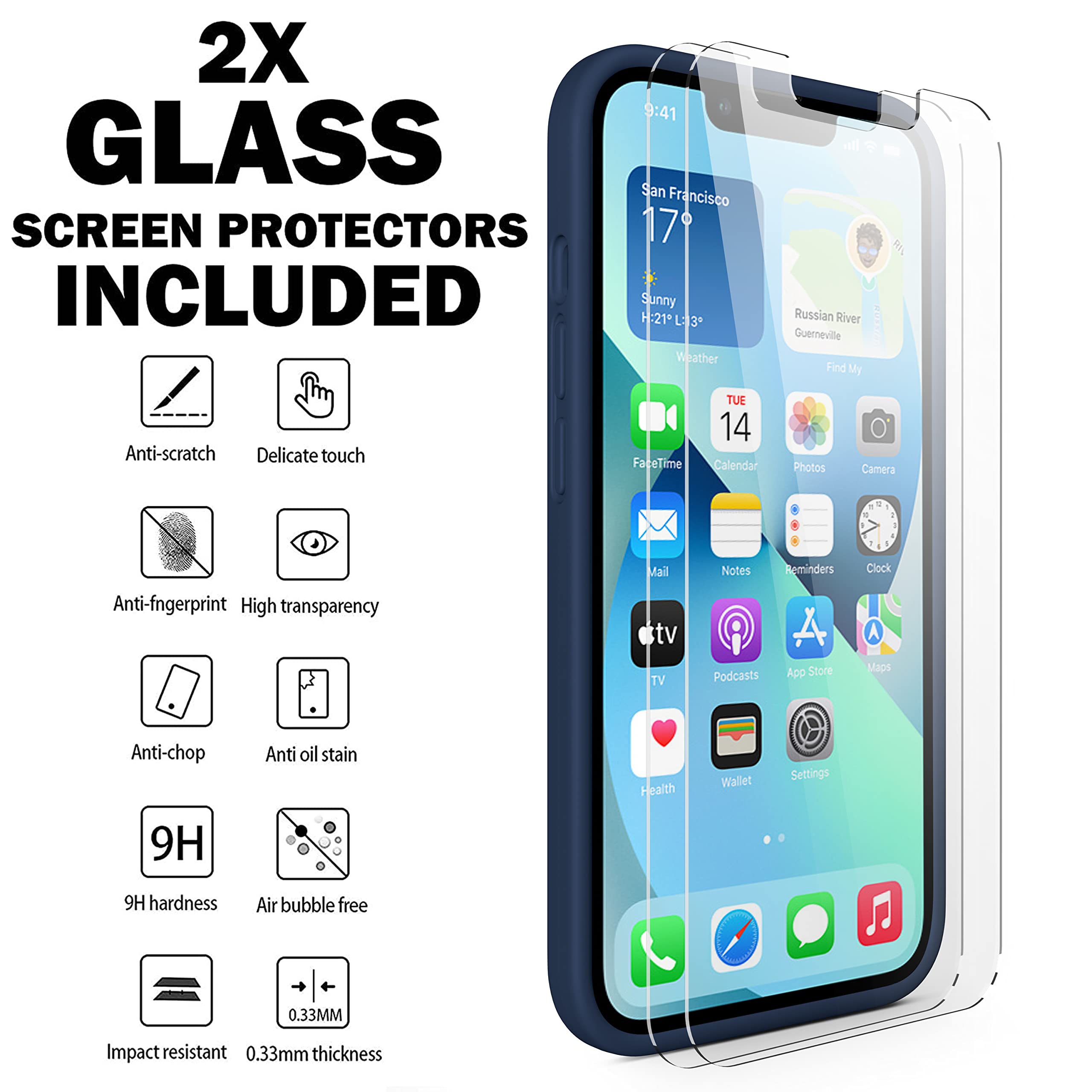 Durable Silicone Case + Glass Screen Protectors Combo Pack for iPhone 13 Mini