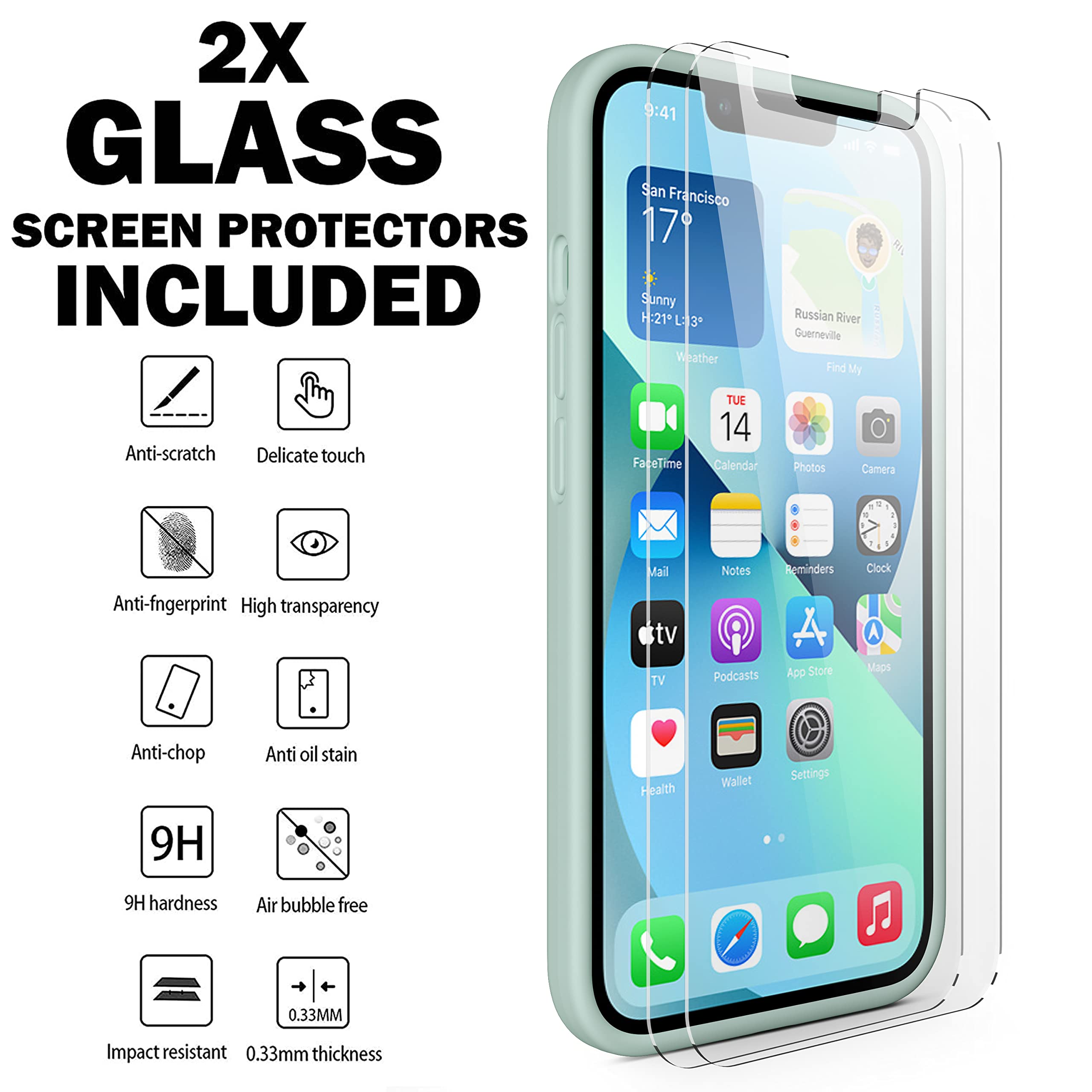 Durable Silicone Case + Glass Screen Protectors Combo Pack for iPhone 13 Mini