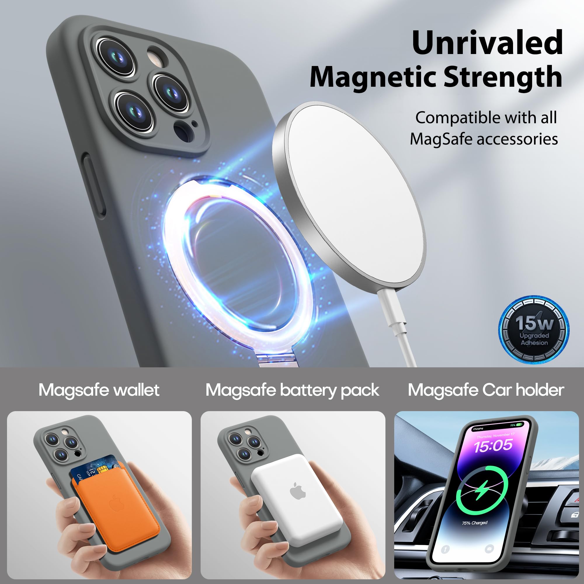 Magnetic Silicone Case for iPhone 14 Pro Max Case with Camera Cover and KickStand